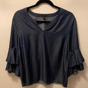 Ann Taylor Factory Navy Blouse with Ruffle Sleeves